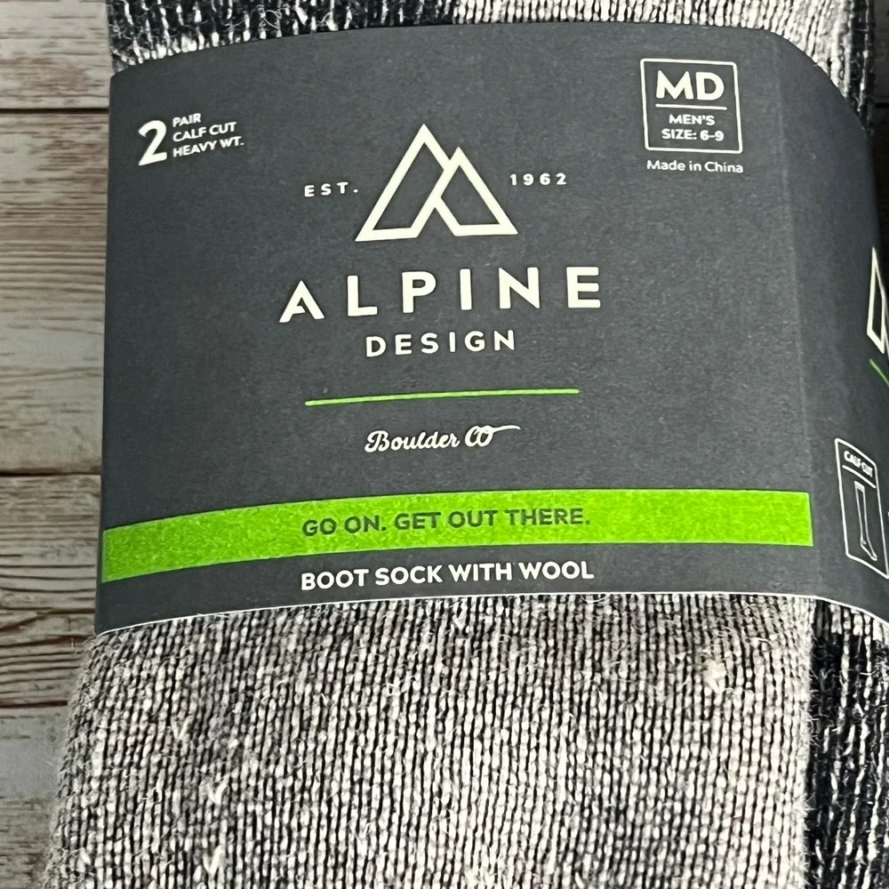 2 pk Alpine Design Men's Medium Wool Blend Boot Socks Black Calf Cut Heavyweight